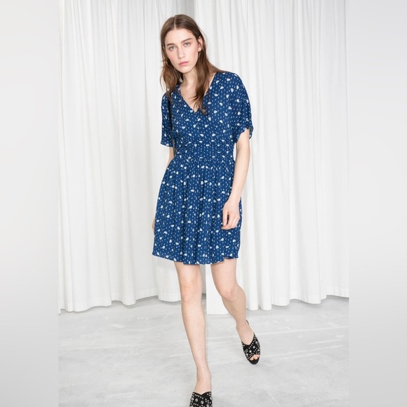 & OTHER STORIES Blue Floral White Polka Dot Flared Mini Summer Dress Size 10 - Picture 4 of 10